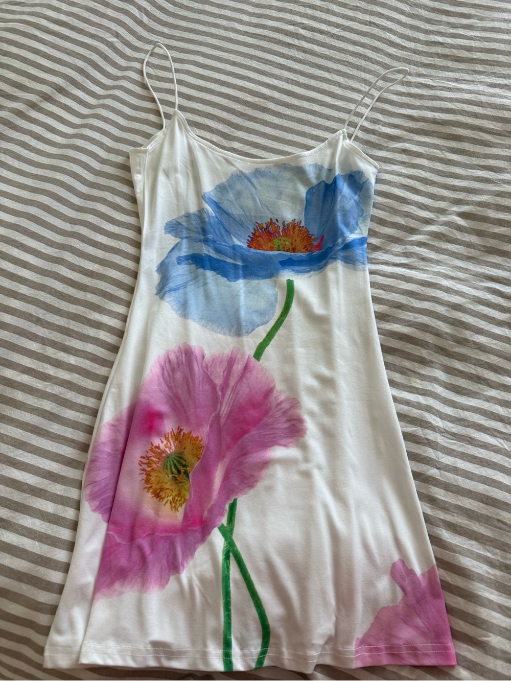 Women's White Floral Slip Dress with Pink and Blue Blooms